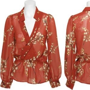 Lavender Brown Brick Red Floral Surplus Sheer Blouse EUC